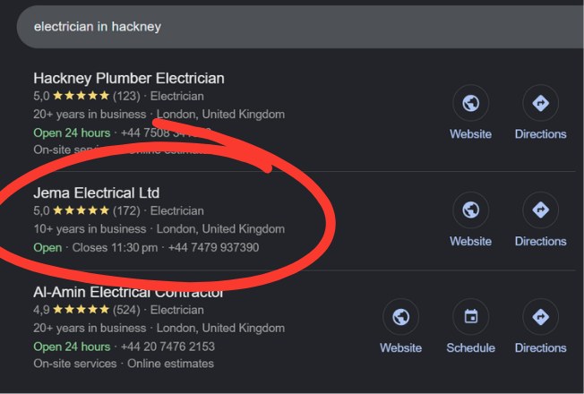 JEMA Electrical in the Google Maps results for electrician in Hackney